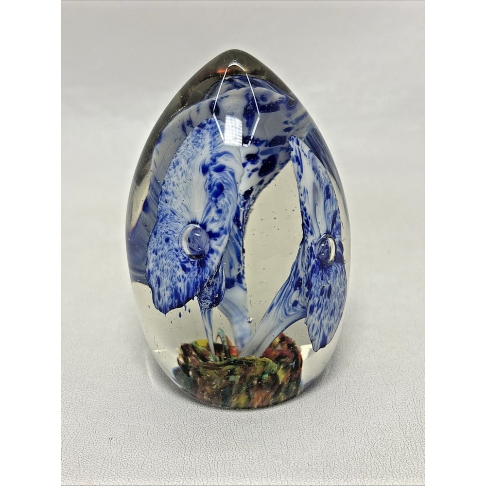 Handblown Art Glass Egg Shape Floral Blue White Blue Paperweight Flower Vintage